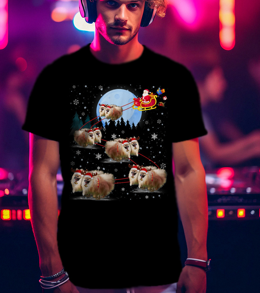 Pomeranian Reindeer Santa Sleigh Christmas Under Moonlight T-Shirt