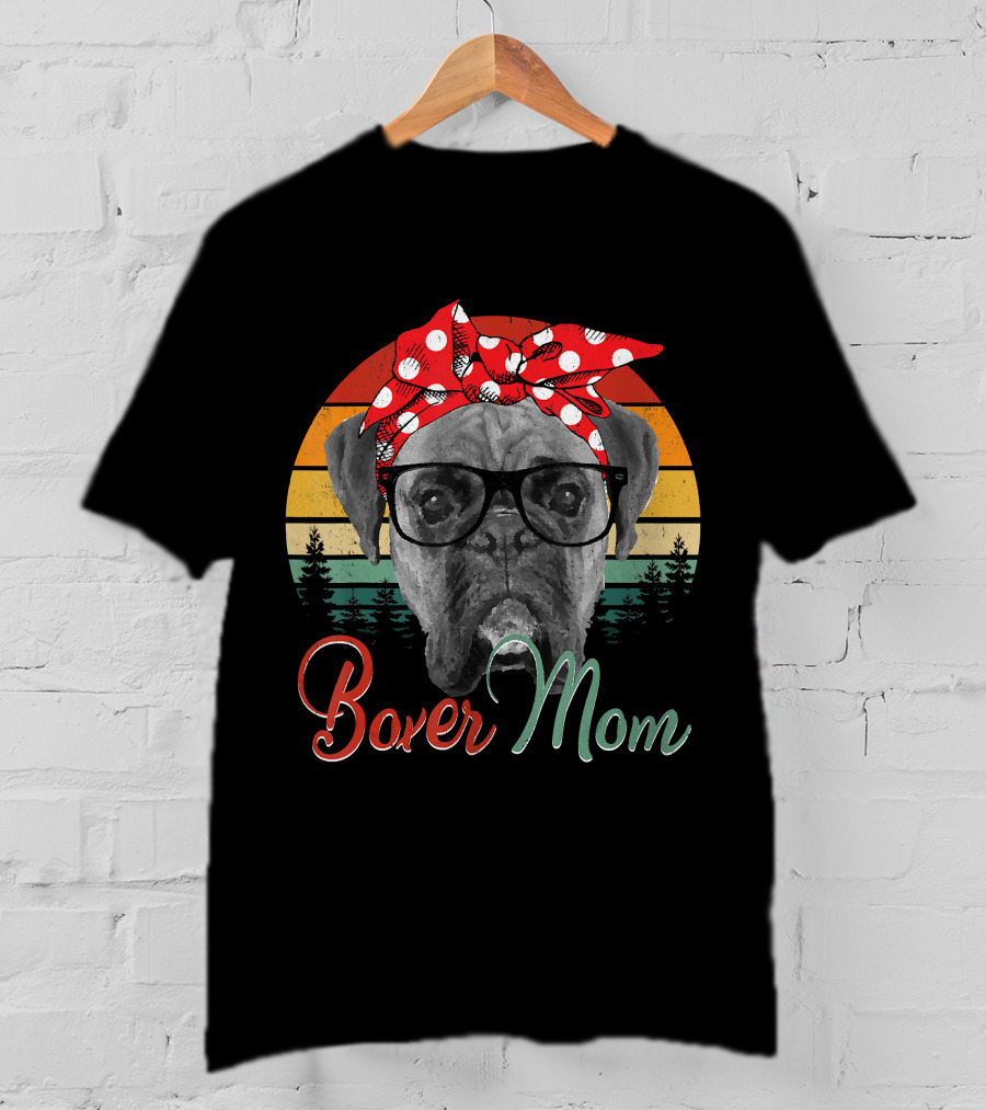 Boxer Mom Boxer Dog Lovers Retro Glasses And Polka Dot Bandana T-Shirt