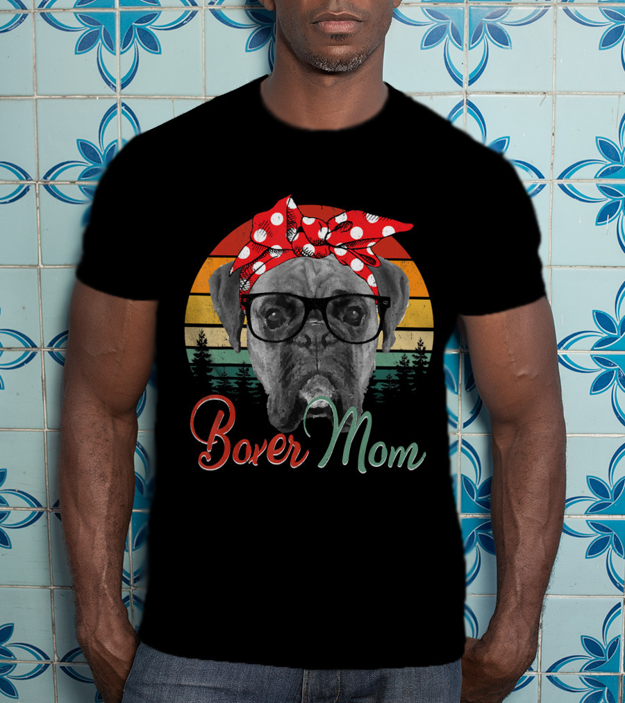 Boxer Mom Boxer Dog Lovers Retro Glasses And Polka Dot Bandana T-Shirt