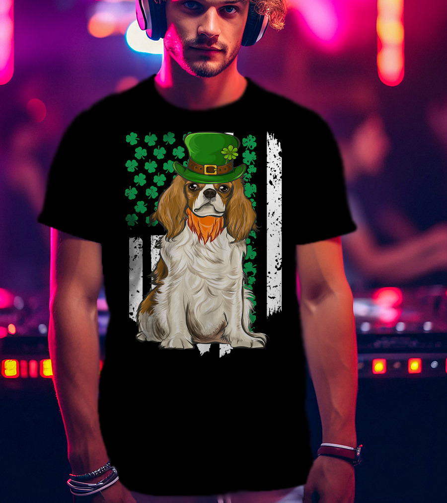 King Charles Spaniel St Patricks Day Irish Dog With Green Hat And Shamrocks T-Shirt