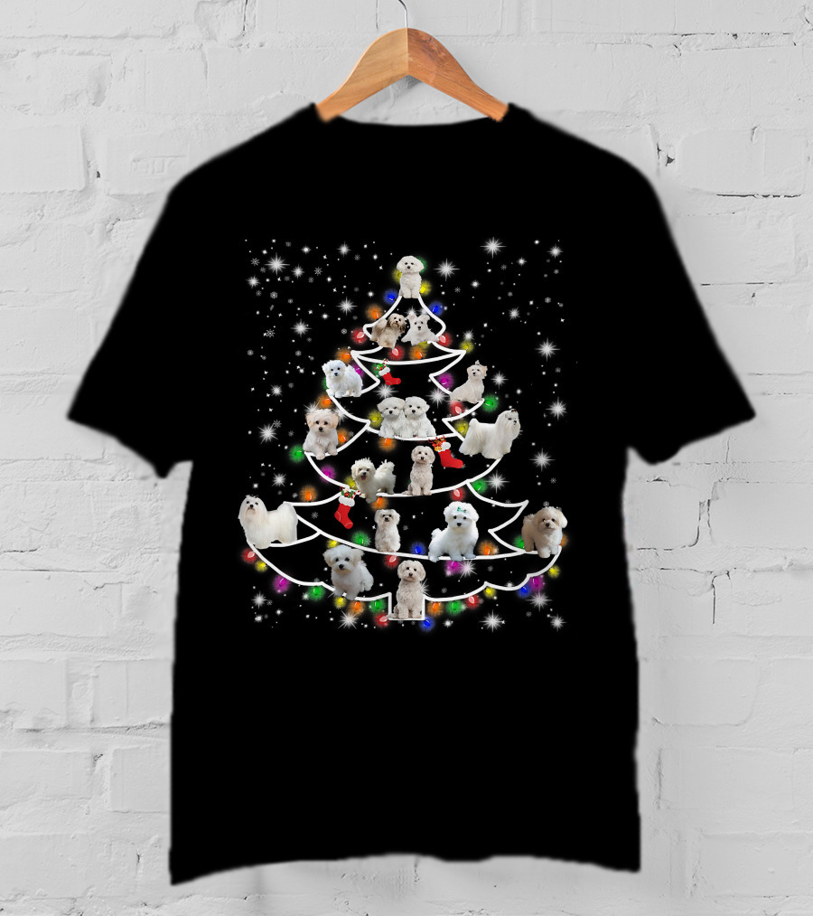 Maltese Dogs Christmas Tree Fairy Light Holiday Scene T-Shirt