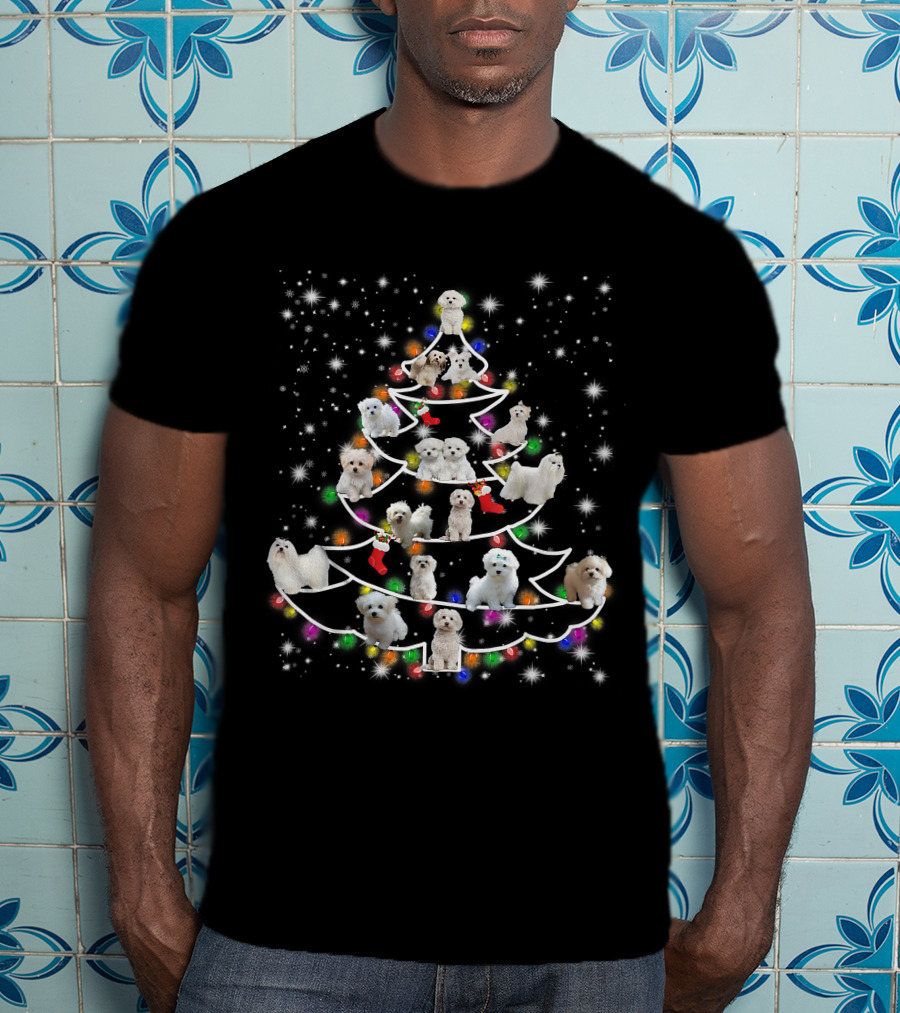 Maltese Dogs Christmas Tree Fairy Light Holiday Scene T-Shirt