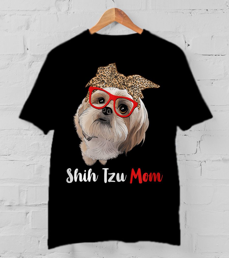 Shih Tzu Mom Leopard Print Bow Cute Dog Lover Red Glasses T-Shirt