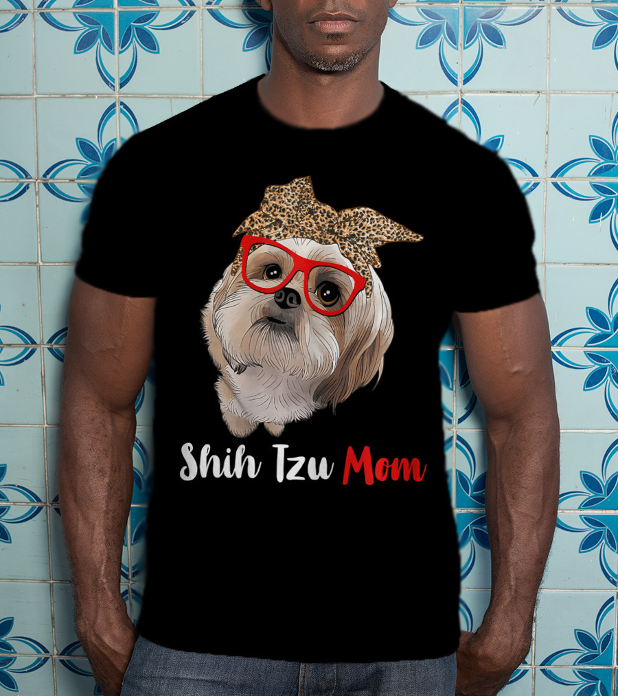 Shih Tzu Mom Leopard Print Bow Cute Dog Lover Red Glasses T-Shirt