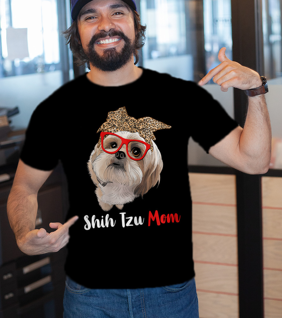 Shih Tzu Mom Leopard Print Bow Cute Dog Lover Red Glasses T-Shirt