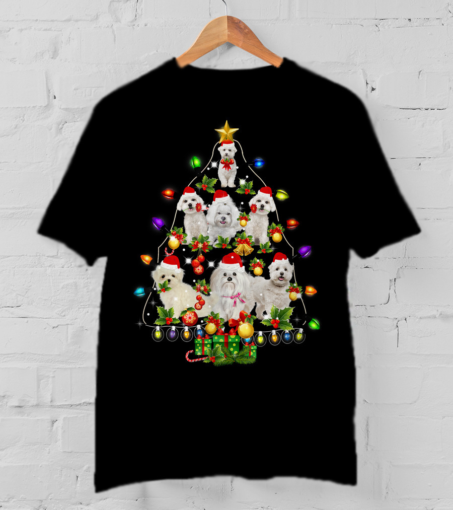 Maltese Christmas Tree Santa Funny Dogs Lights Holiday T-Shirt