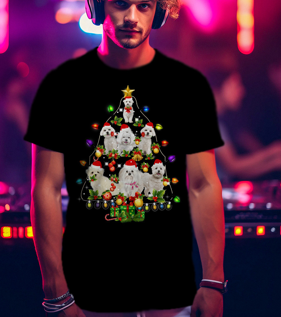Maltese Christmas Tree Santa Funny Dogs Lights Holiday T-Shirt