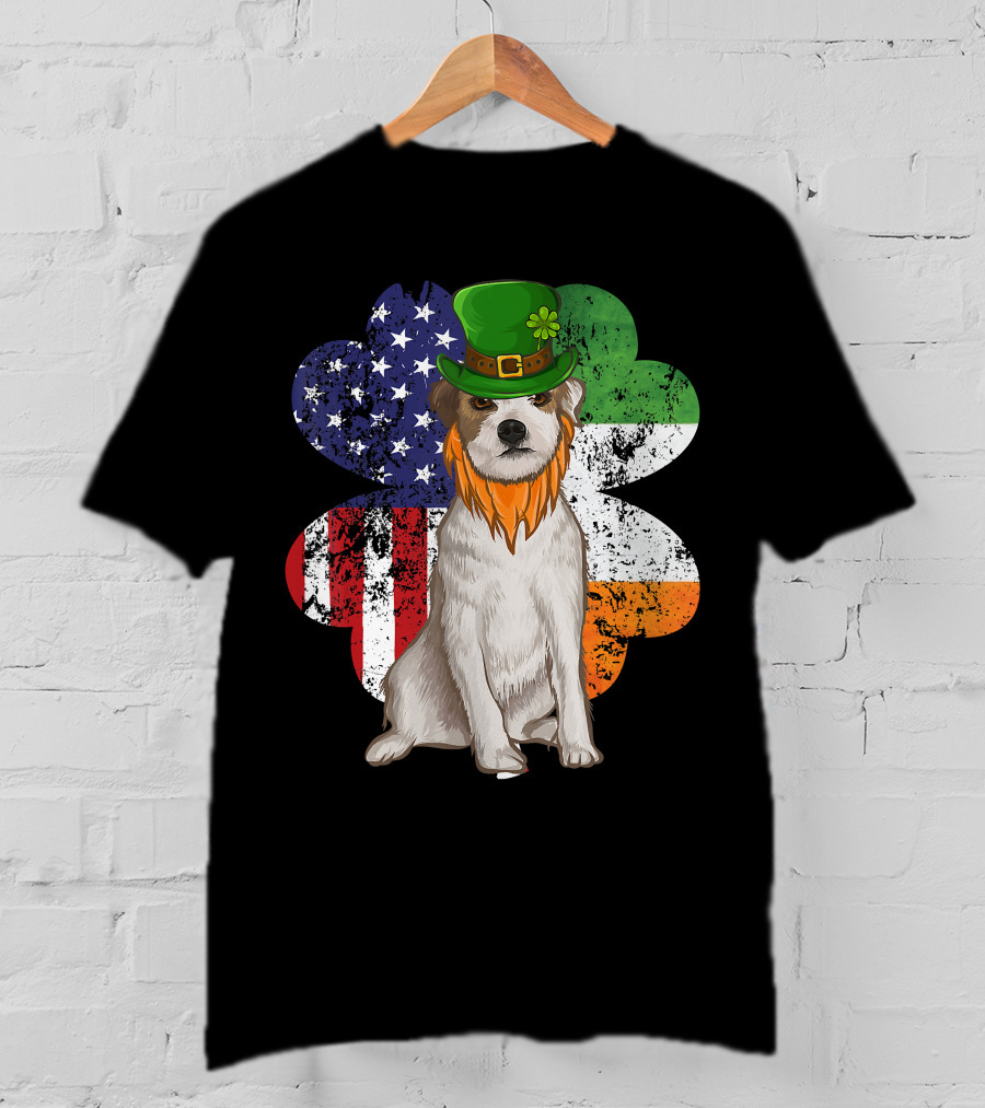 Irish American Parson Terrier Wearing Leprechaun Hat With USA And Ireland Flags Shamrock St. Patrick's Day T-Shirt