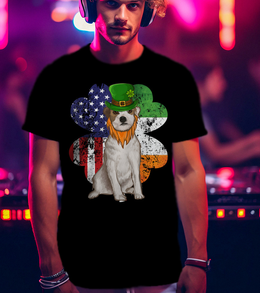 Irish American Parson Terrier Wearing Leprechaun Hat With USA And Ireland Flags Shamrock St. Patrick's Day T-Shirt