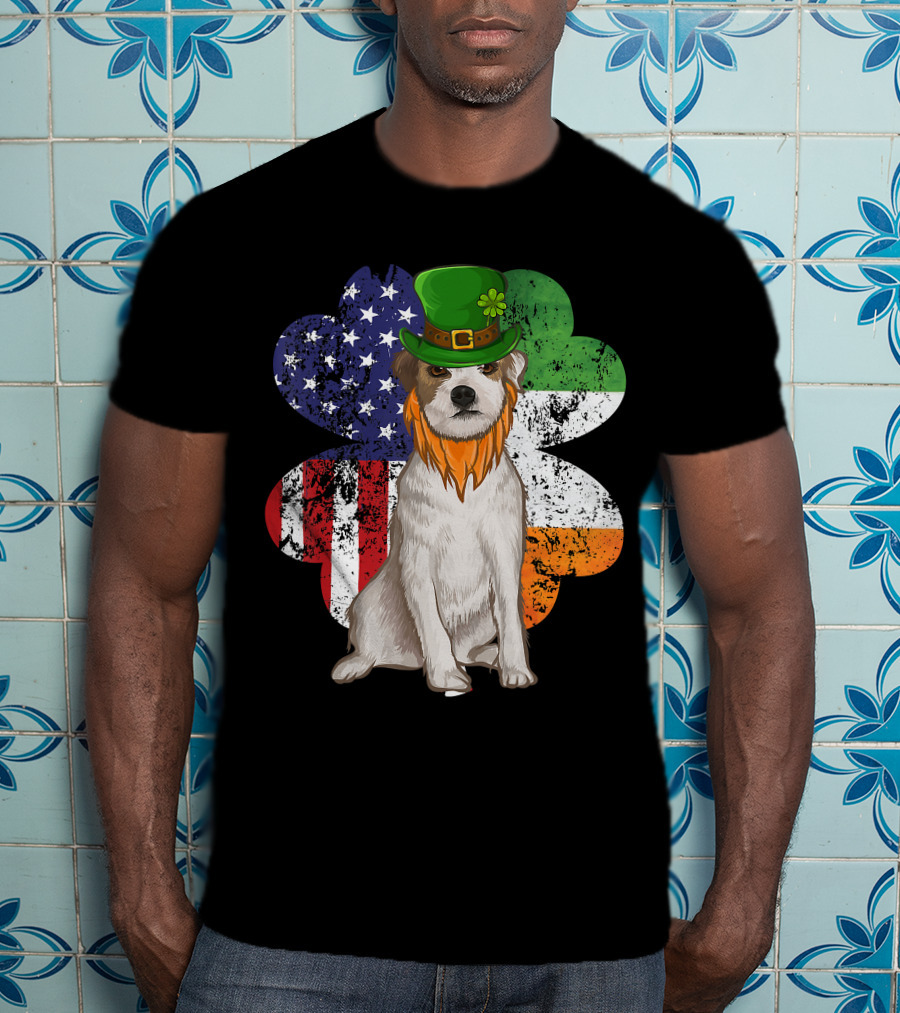 Irish American Parson Terrier Wearing Leprechaun Hat With USA And Ireland Flags Shamrock St. Patrick's Day T-Shirt