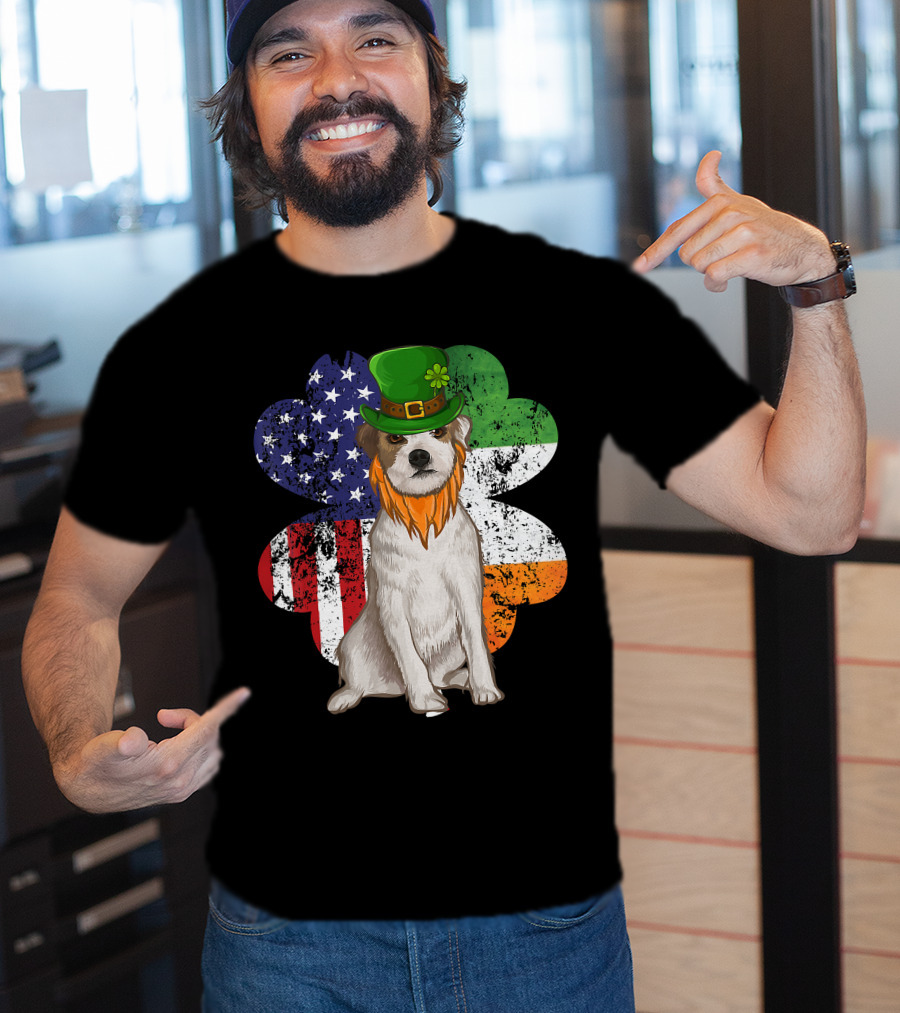 Irish American Parson Terrier Wearing Leprechaun Hat With USA And Ireland Flags Shamrock St. Patrick's Day T-Shirt