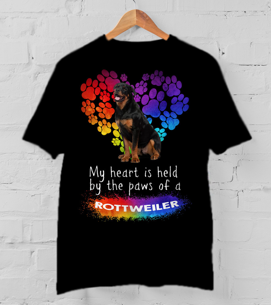 My Heart Is Held By The Paws Of A Rottweiler Rainbow Paw Print Heart T-Shirt