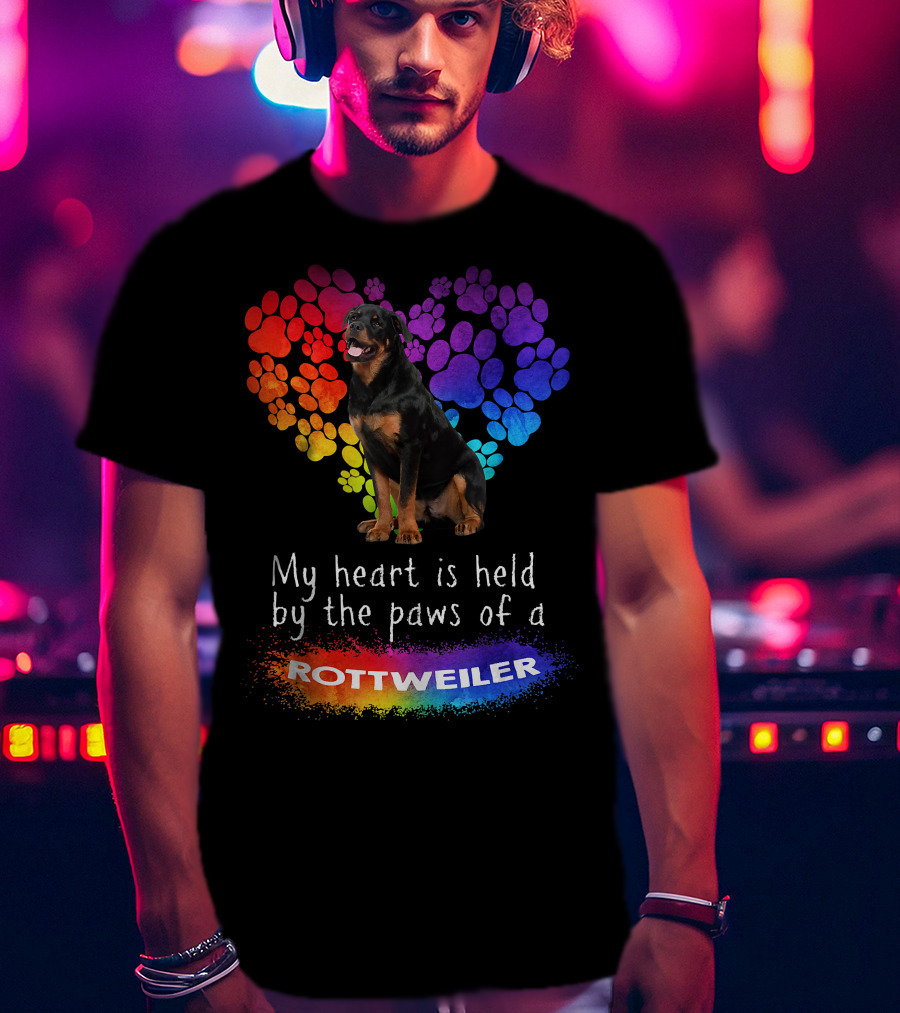 My Heart Is Held By The Paws Of A Rottweiler Rainbow Paw Print Heart T-Shirt