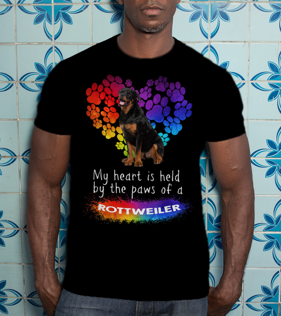 My Heart Is Held By The Paws Of A Rottweiler Rainbow Paw Print Heart T-Shirt