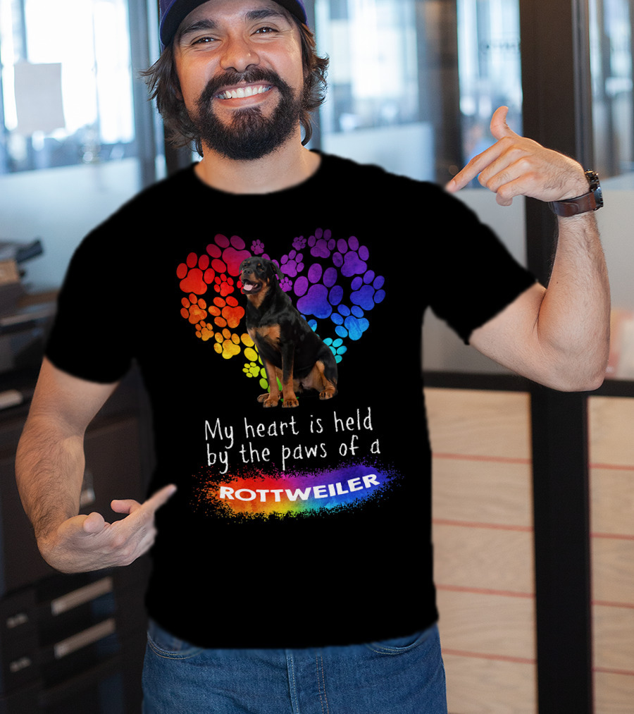 My Heart Is Held By The Paws Of A Rottweiler Rainbow Paw Print Heart T-Shirt