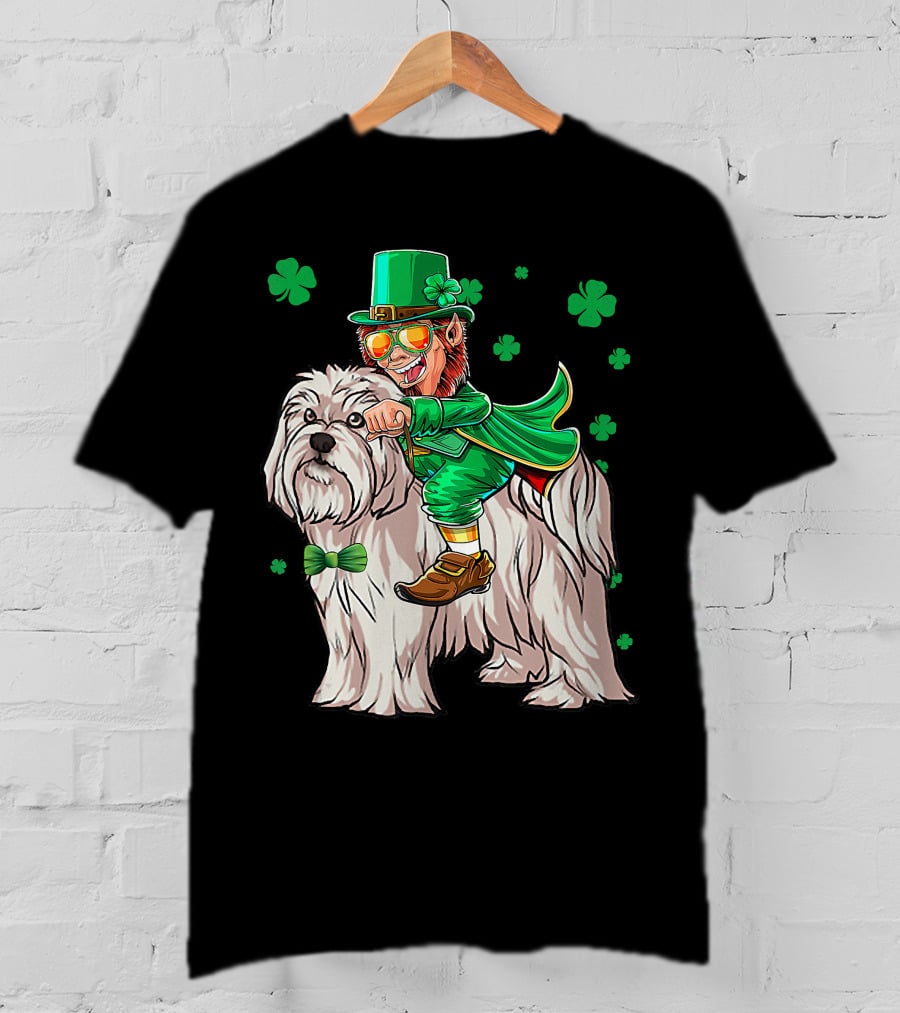 Leprechaun Riding Maltese Dog With Shamrocks T-Shirt