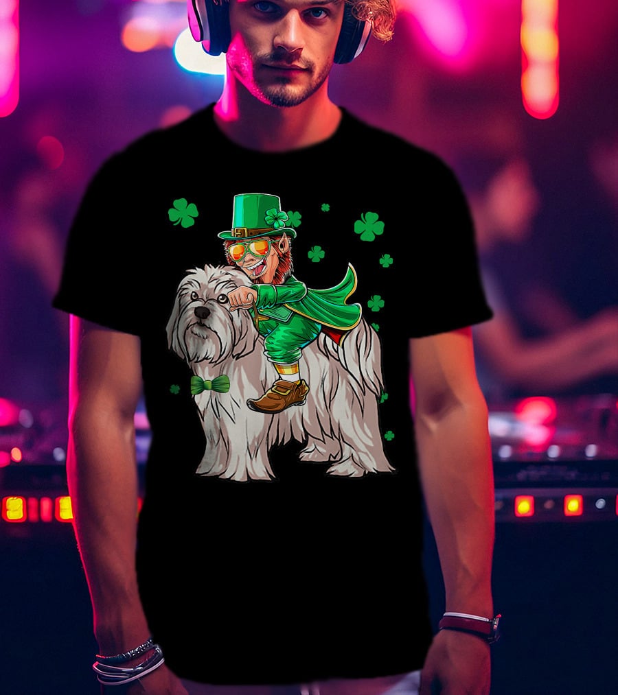 Leprechaun Riding Maltese Dog With Shamrocks T-Shirt