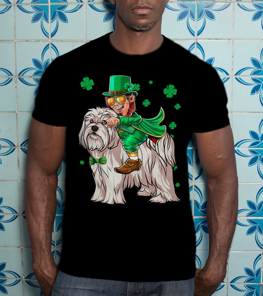 Leprechaun Riding Maltese Dog With Shamrocks T-Shirt