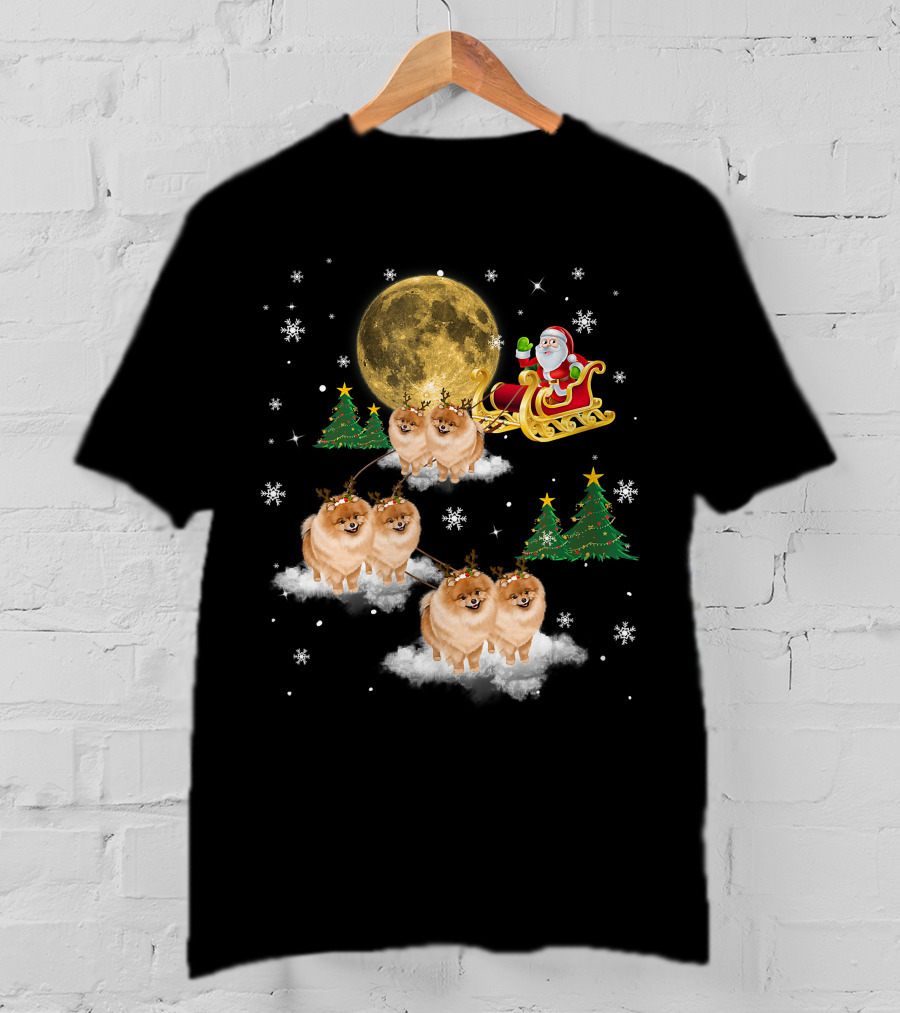 Pomeranian Christmas Santa Sled With Reindeer Funny Dog Love T-Shirt