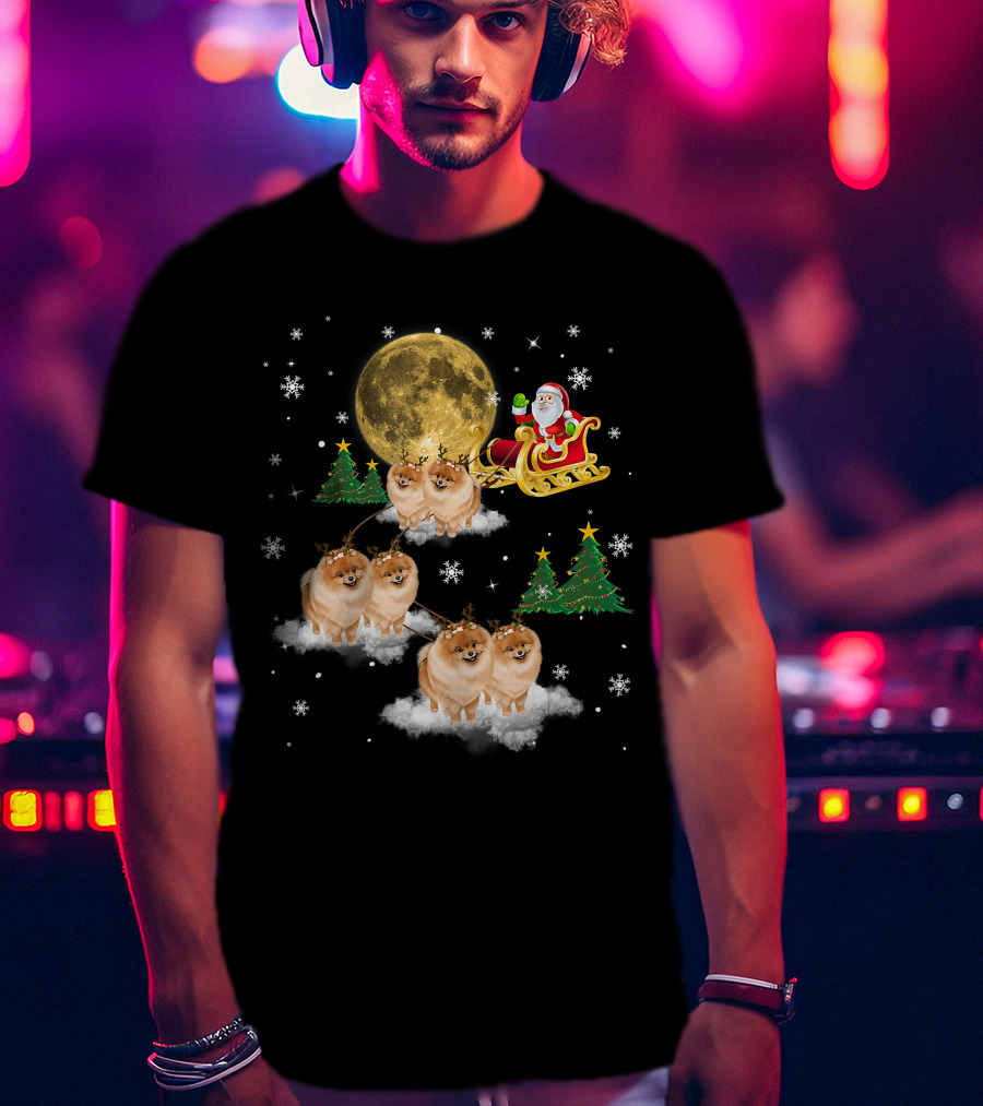 Pomeranian Christmas Santa Sled With Reindeer Funny Dog Love T-Shirt