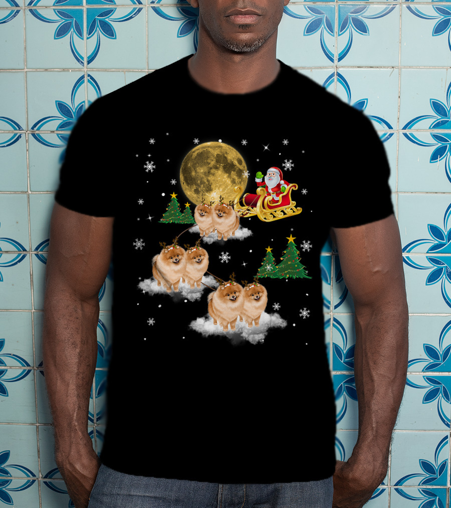 Pomeranian Christmas Santa Sled With Reindeer Funny Dog Love T-Shirt