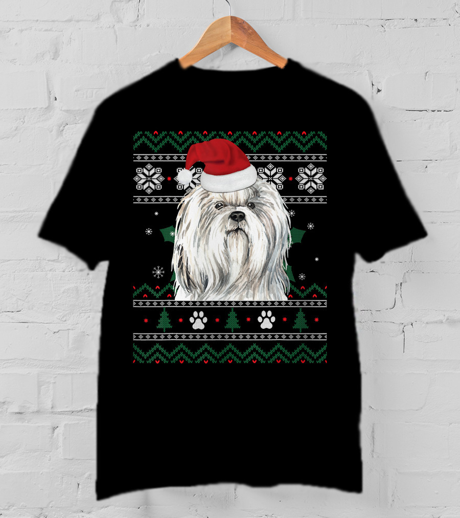 Cute Shih Tzu Dog Wears Santa Hat Christmas Pattern Snowflakes And Trees T-Shirt