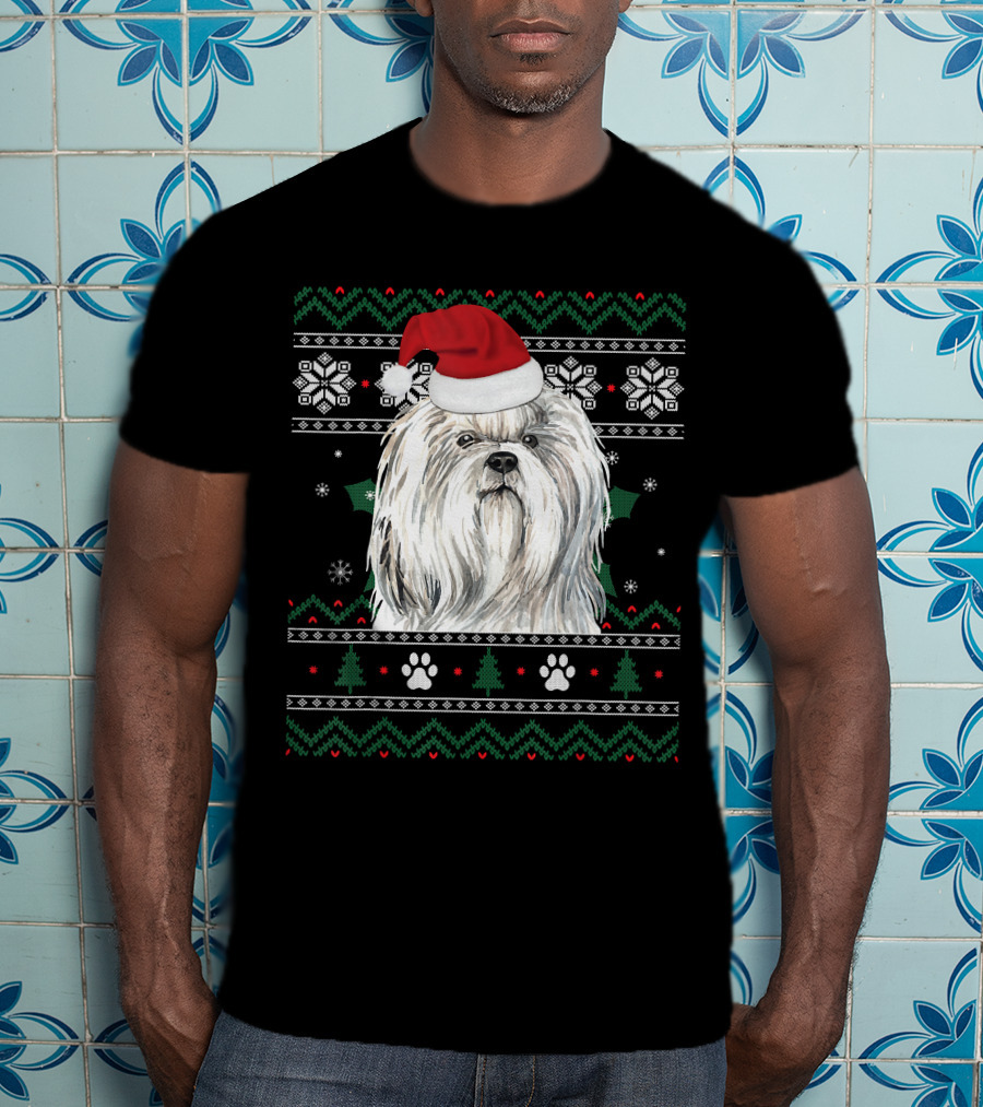Cute Shih Tzu Dog Wears Santa Hat Christmas Pattern Snowflakes And Trees T-Shirt