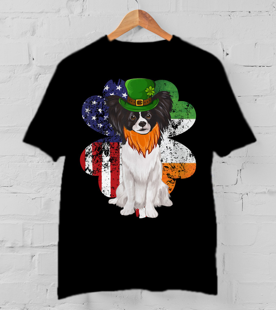 St Patricks Day Irish American Flag Papillon Dog With Leprechaun Hat And Shamrock T-Shirt