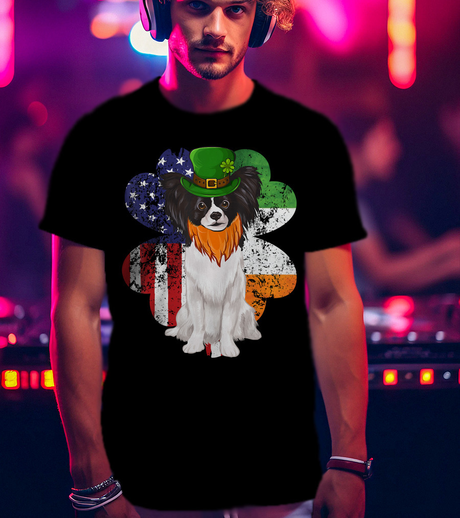 St Patricks Day Irish American Flag Papillon Dog With Leprechaun Hat And Shamrock T-Shirt