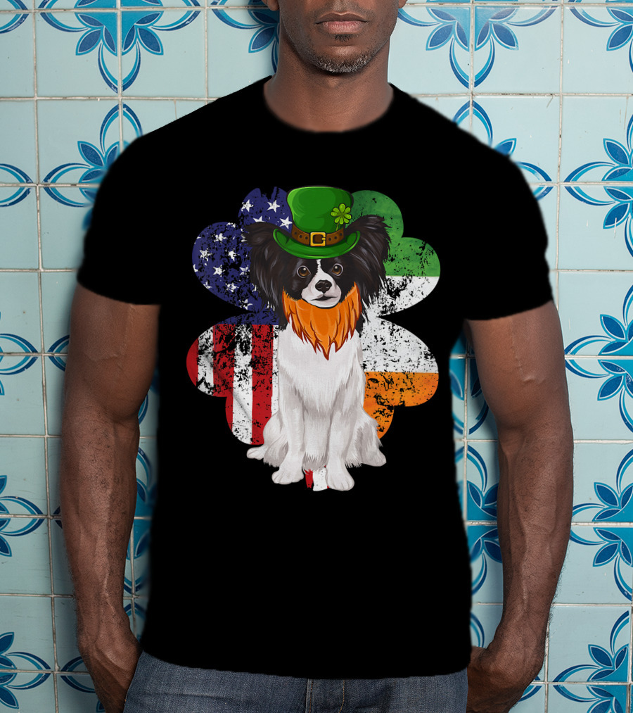 St Patricks Day Irish American Flag Papillon Dog With Leprechaun Hat And Shamrock T-Shirt