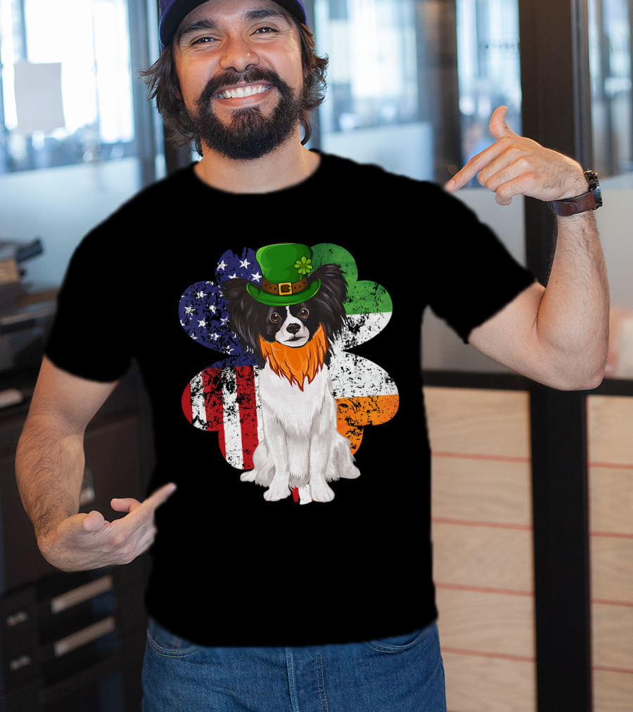 St Patricks Day Irish American Flag Papillon Dog With Leprechaun Hat And Shamrock T-Shirt
