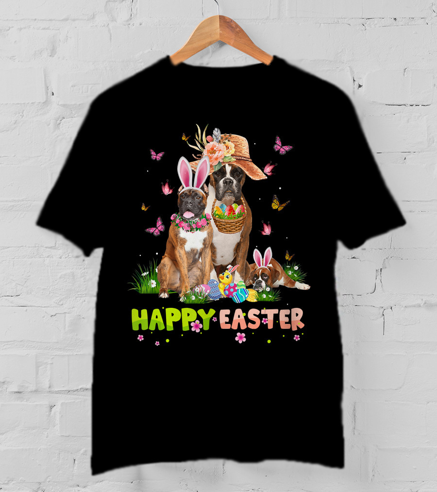 Boxer Dog Happy Easter Bunny Hat Eggs Butterflies T-Shirt