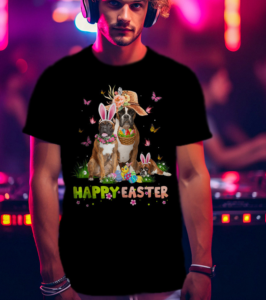 Boxer Dog Happy Easter Bunny Hat Eggs Butterflies T-Shirt