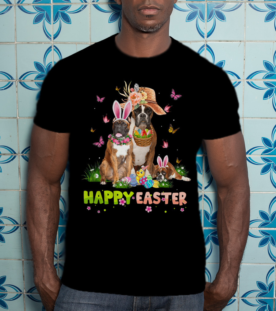 Boxer Dog Happy Easter Bunny Hat Eggs Butterflies T-Shirt