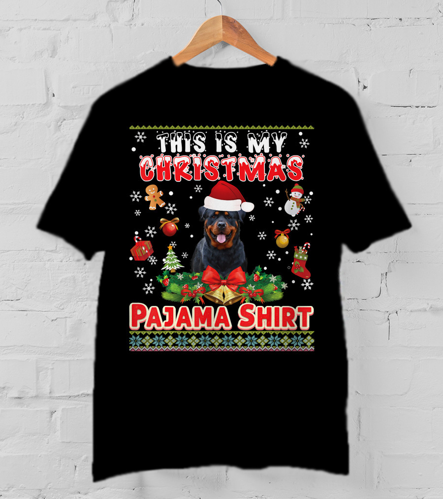 This Is My Christmas Pajama Shirt Rottweiler Santa Hat Gingerbread Snowman Pine Trees T-Shirt
