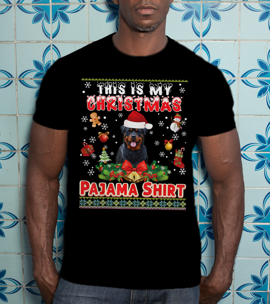 This Is My Christmas Pajama Shirt Rottweiler Santa Hat Gingerbread Snowman Pine Trees T-Shirt