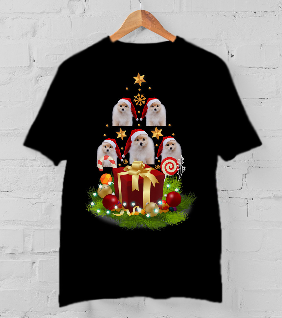 Santa Pomeranian Christmas Tree With Presents And Candy Canes T-Shirt