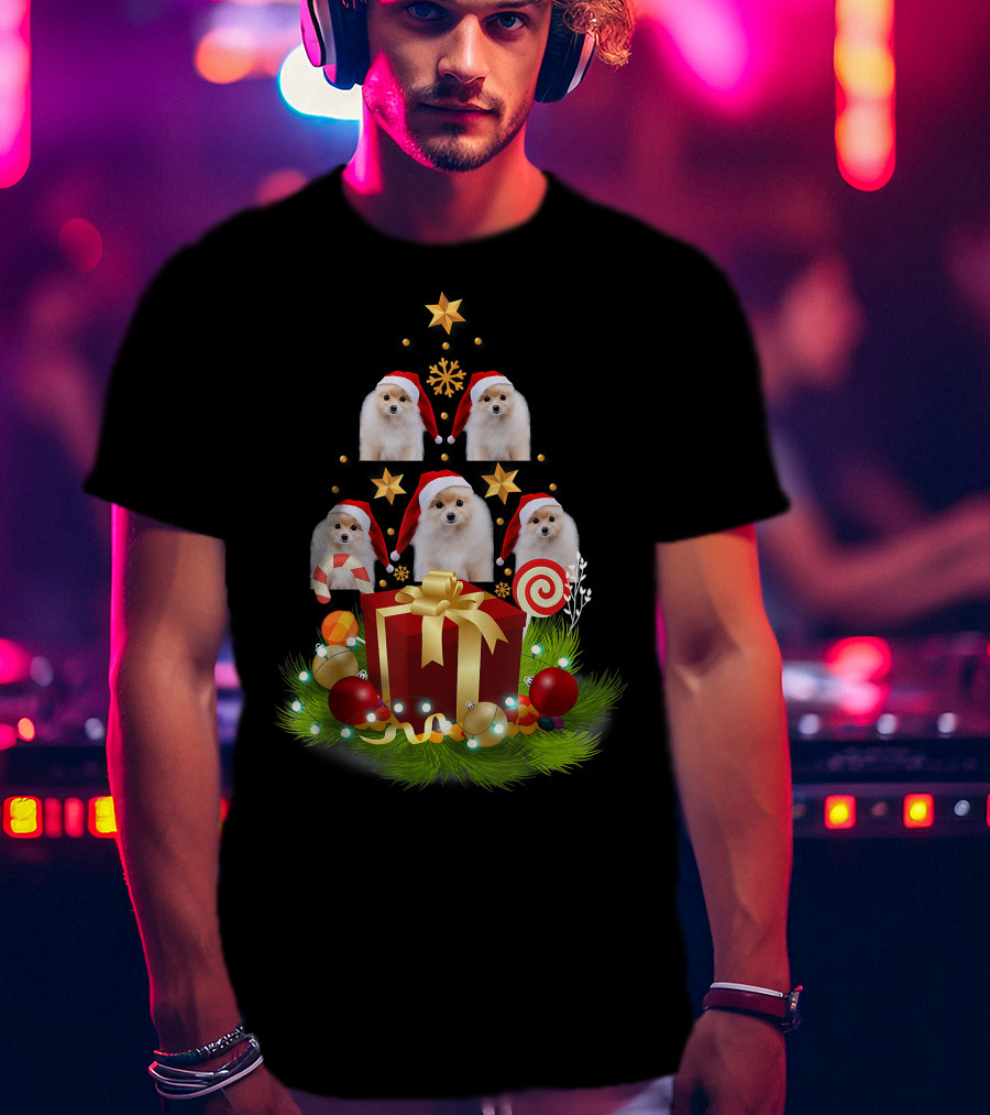 Santa Pomeranian Christmas Tree With Presents And Candy Canes T-Shirt