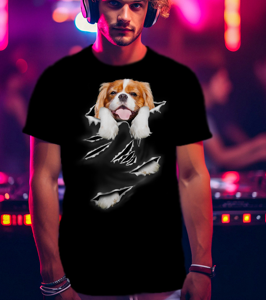 Cavalier King Charles Spaniel Scratch Torn Paws And Face Peeking Through T-Shirt