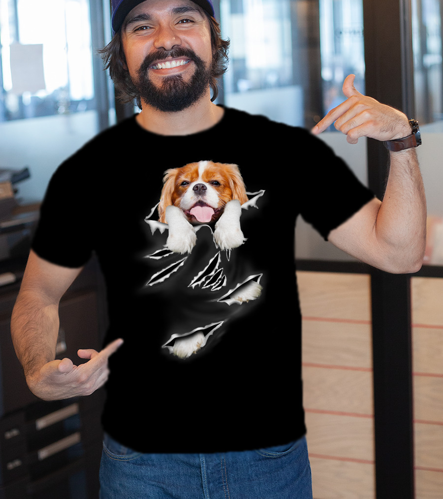 Cavalier King Charles Spaniel Scratch Torn Paws And Face Peeking Through T-Shirt
