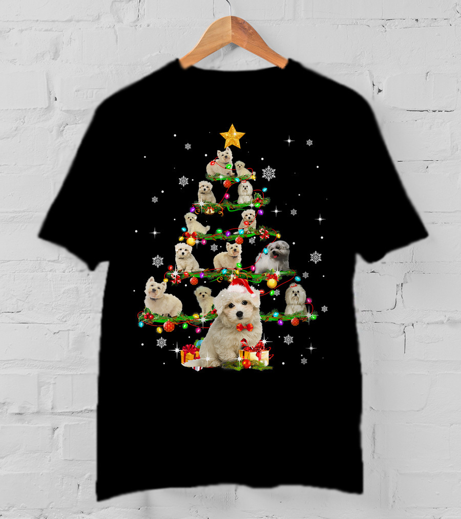 Maltese Christmas Tree With Santa Hat And Paw Up T-Shirt