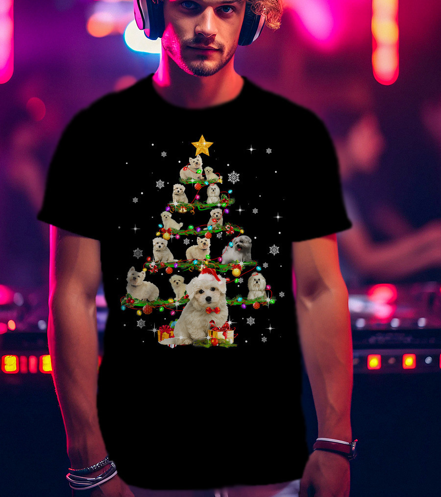 Maltese Christmas Tree With Santa Hat And Paw Up T-Shirt