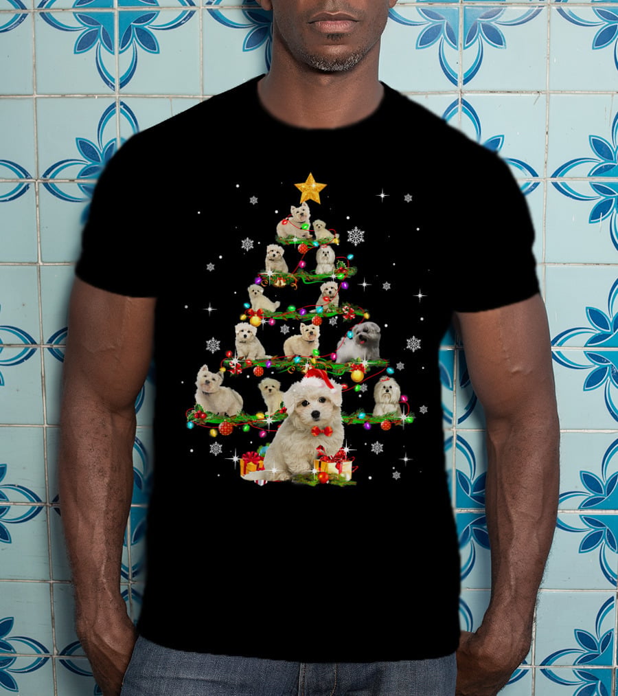 Maltese Christmas Tree With Santa Hat And Paw Up T-Shirt