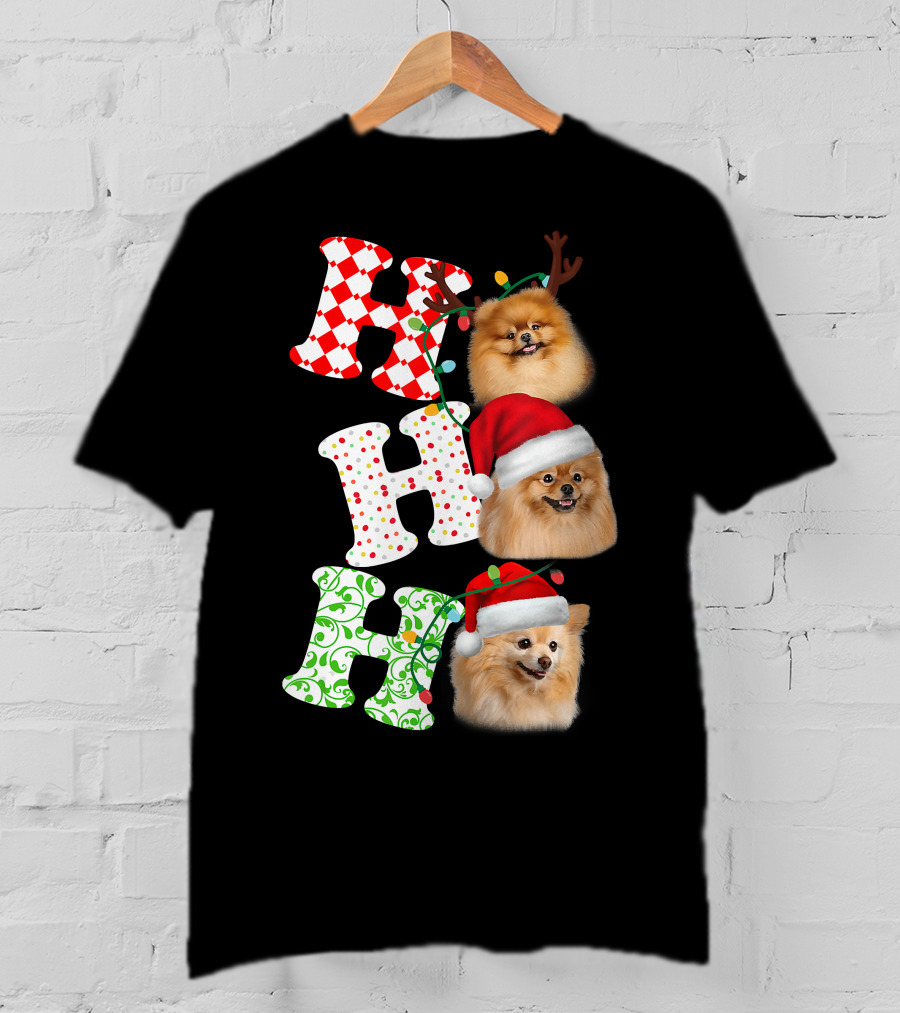 Ho Ho Ho Pomeranian Santa Hat Reindeer Antlers Christmas T-Shirt