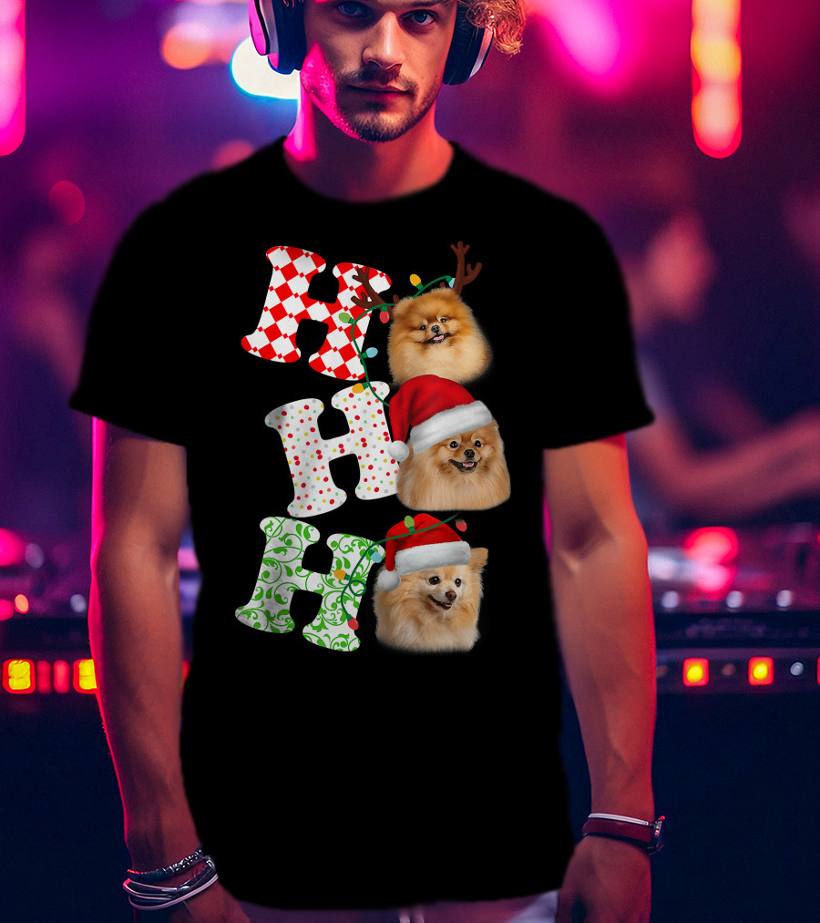 Ho Ho Ho Pomeranian Santa Hat Reindeer Antlers Christmas T-Shirt
