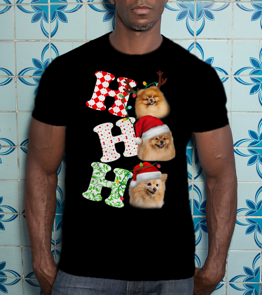 Ho Ho Ho Pomeranian Santa Hat Reindeer Antlers Christmas T-Shirt