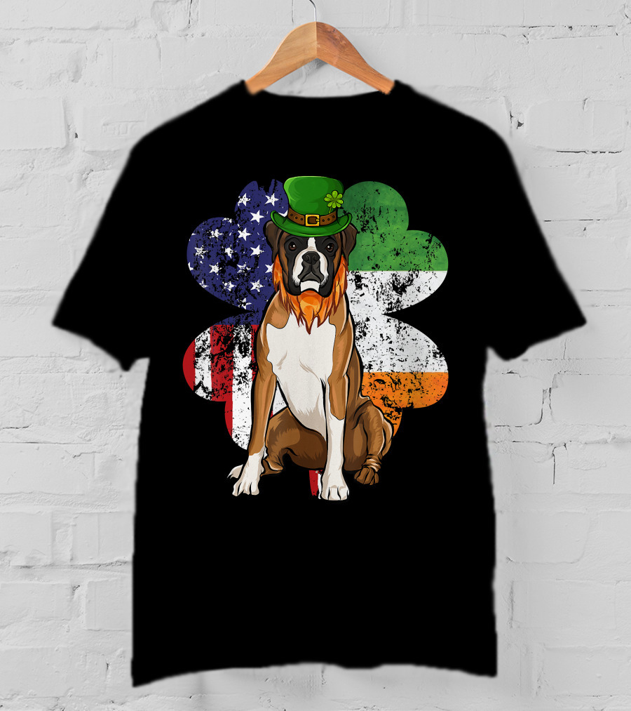 St Patricks Day Boxer Dog With Irish American Flag Shamrock T-Shirt