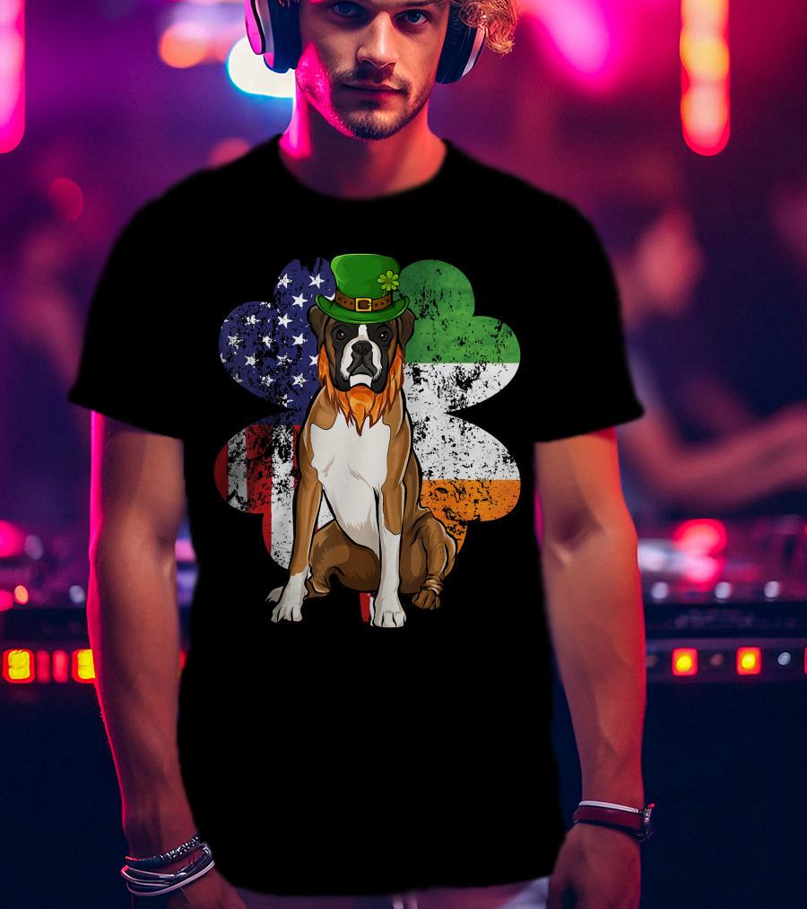 St Patricks Day Boxer Dog With Irish American Flag Shamrock T-Shirt