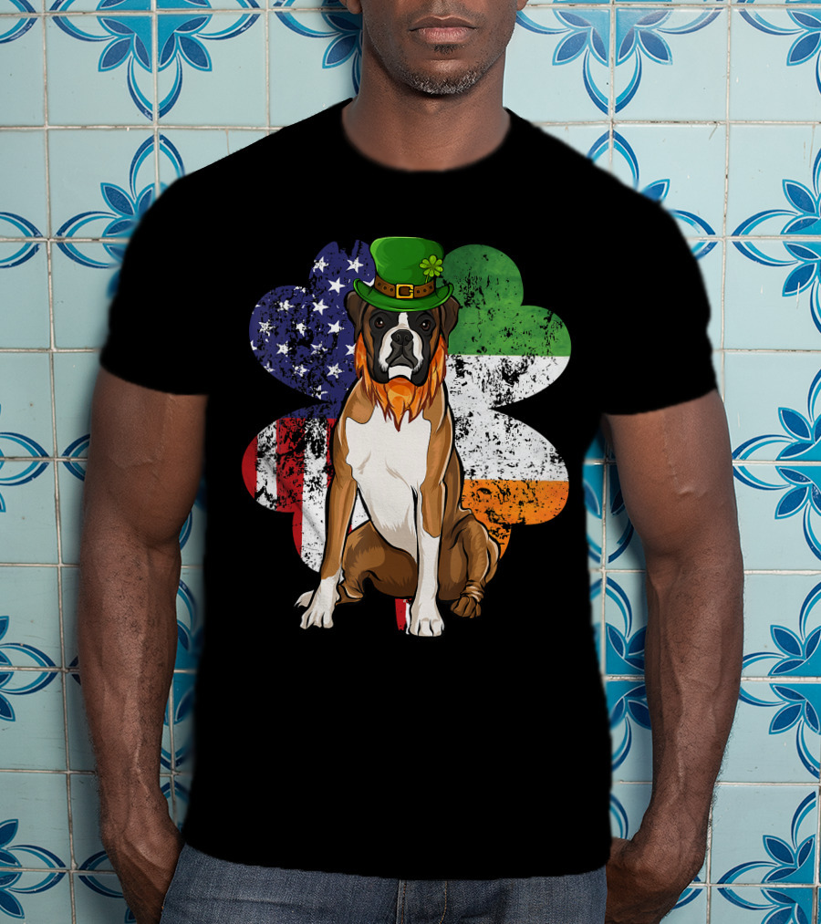 St Patricks Day Boxer Dog With Irish American Flag Shamrock T-Shirt