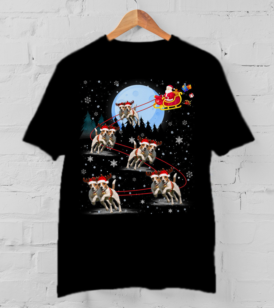 Jack Russell Reindeer Pulling Santa Sleigh Under Moonlit Snowfall T-Shirt